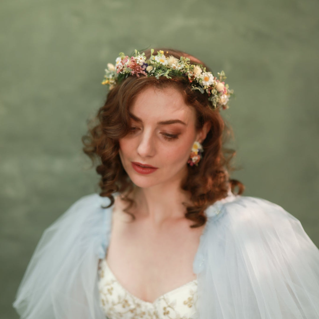 Wildflower Wedding Set – Flower Crown, Hair Comb, Hairpins, Bracelet, Belt, Earrings and Boutonnieres – handmade floral hair accessory by magaela