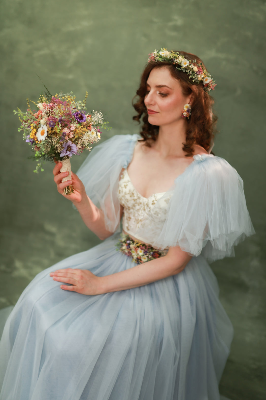 Wildflower Wedding Set – Flower Crown, Hair Comb, Hairpins, Bracelet, Belt, Earrings and Boutonnieres – handmade floral hair accessory by magaela