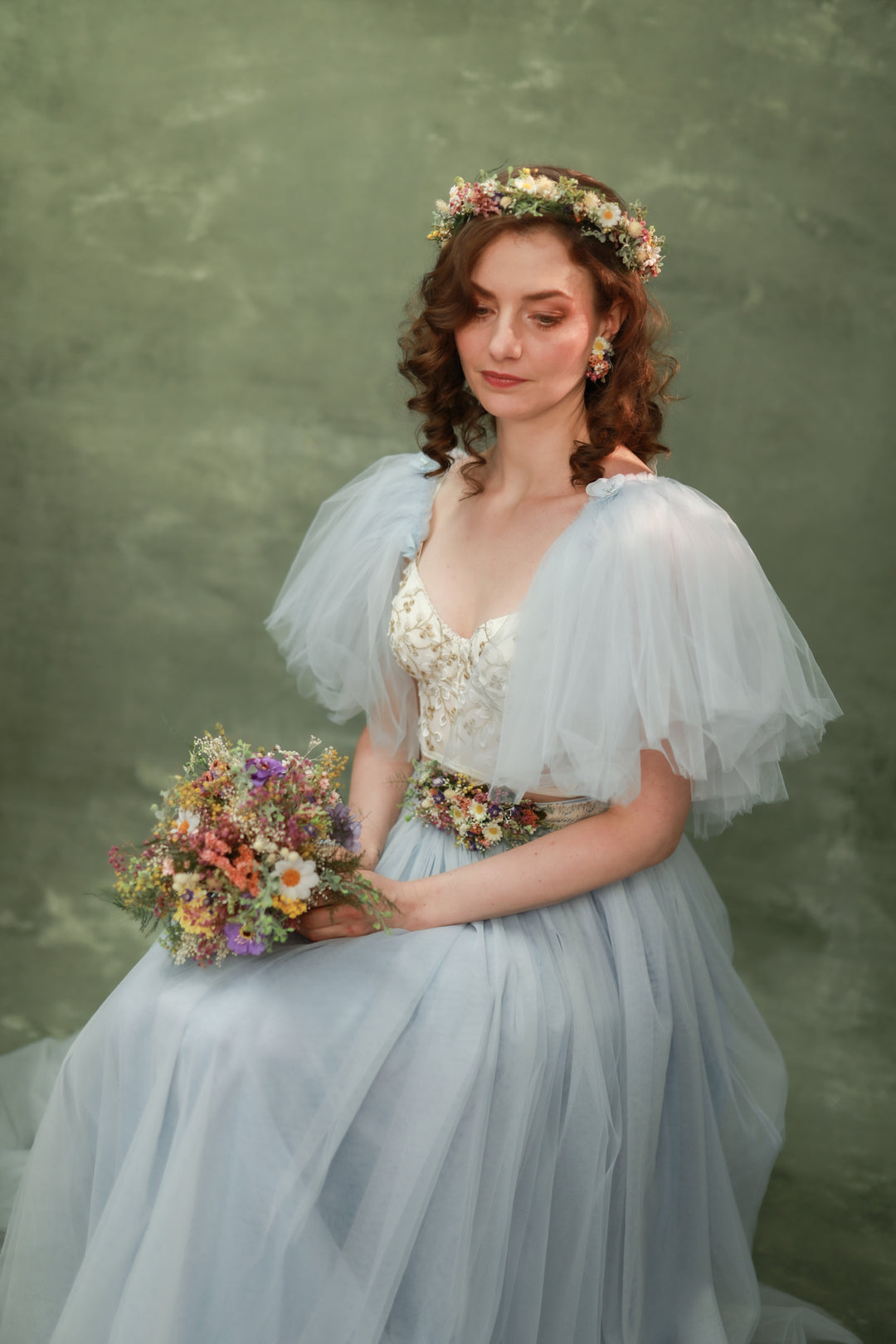 Wildflower Wedding Set – Flower Crown, Hair Comb, Hairpins, Bracelet, Belt, Earrings and Boutonnieres – handmade floral hair accessory by magaela