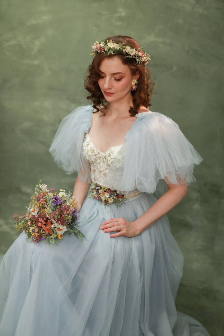 Wildflower Wedding Set – Flower Crown, Hair Comb, Hairpins, Bracelet, Belt, Earrings and Boutonnieres – handmade floral hair accessory by magaela