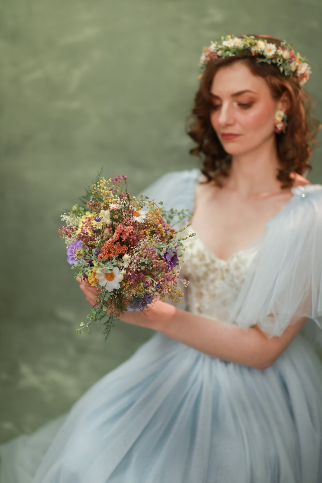 Wildflower Wedding Set – Flower Crown, Hair Comb, Hairpins, Bracelet, Belt, Earrings and Boutonnieres – handmade floral hair accessory by magaela