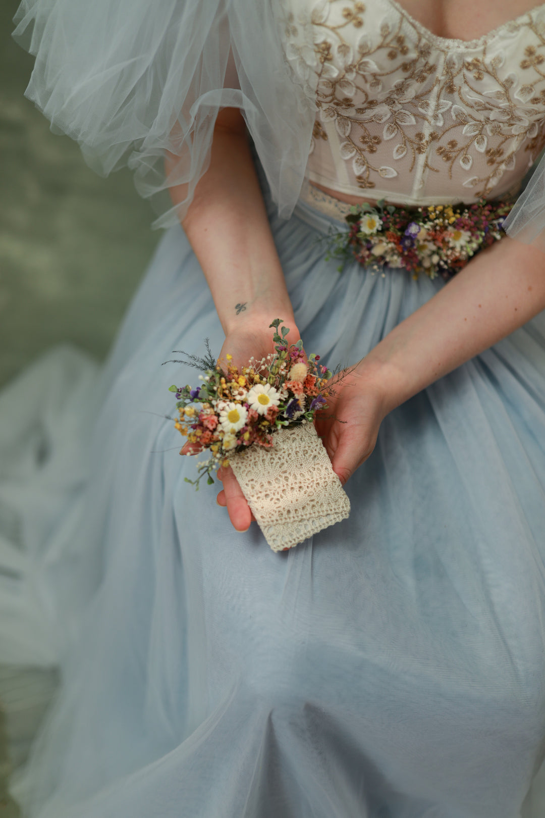 Wildflower Wedding Set – Flower Crown, Hair Comb, Hairpins, Bracelet, Belt, Earrings and Boutonnieres – handmade floral hair accessory by magaela
