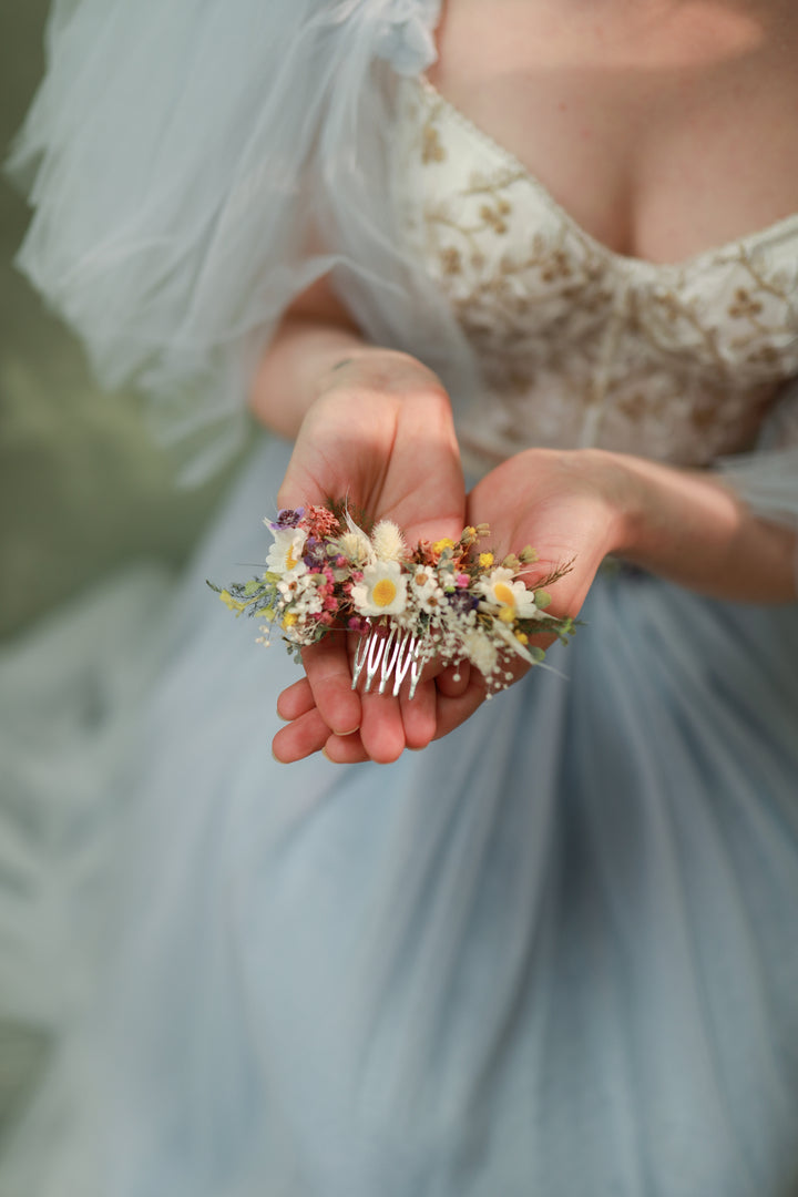 Wildflower Wedding Set – Flower Crown, Hair Comb, Hairpins, Bracelet, Belt, Earrings and Boutonnieres – handmade floral hair accessory by magaela