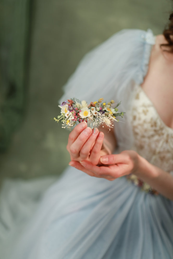 Wildflower Wedding Set – Flower Crown, Hair Comb, Hairpins, Bracelet, Belt, Earrings and Boutonnieres – handmade floral hair accessory by magaela