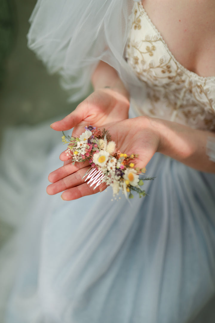 Wildflower Wedding Set – Flower Crown, Hair Comb, Hairpins, Bracelet, Belt, Earrings and Boutonnieres – handmade floral hair accessory by magaela