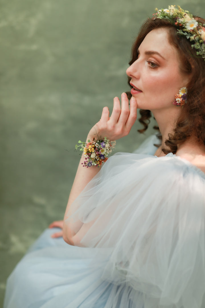 Wildflower Wedding Set – Flower Crown, Hair Comb, Hairpins, Bracelet, Belt, Earrings and Boutonnieres – handmade floral hair accessory by magaela