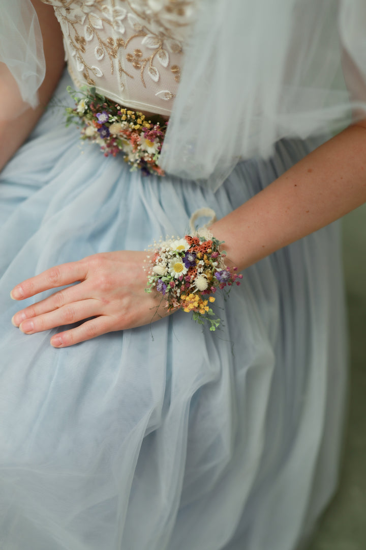 Wildflower Wedding Set – Flower Crown, Hair Comb, Hairpins, Bracelet, Belt, Earrings and Boutonnieres – handmade floral hair accessory by magaela