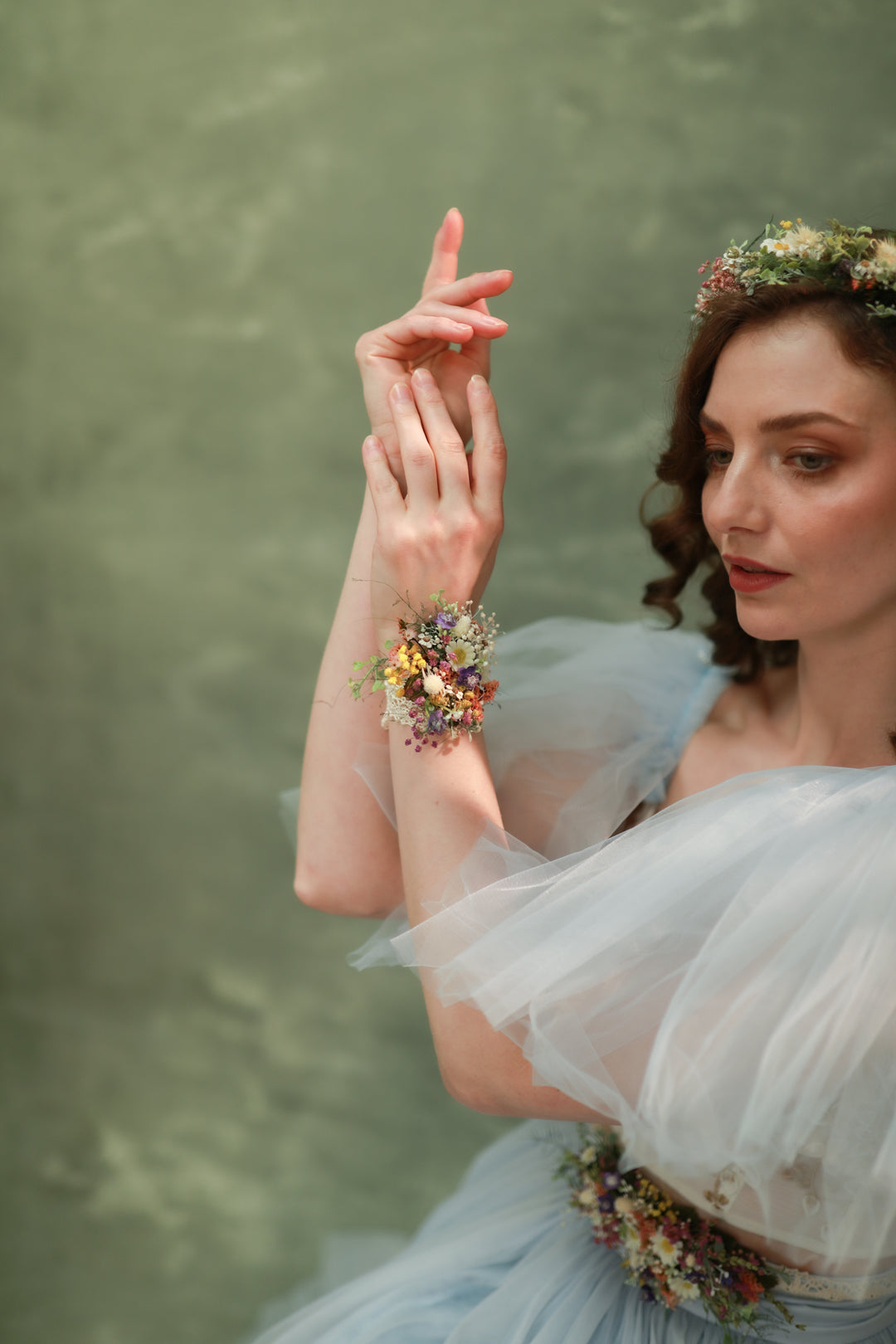 Wildflowers Floral Bracelet – Daisy and Dried Flower Wedding Wrist Corsage – handmade floral hair accessory by magaela