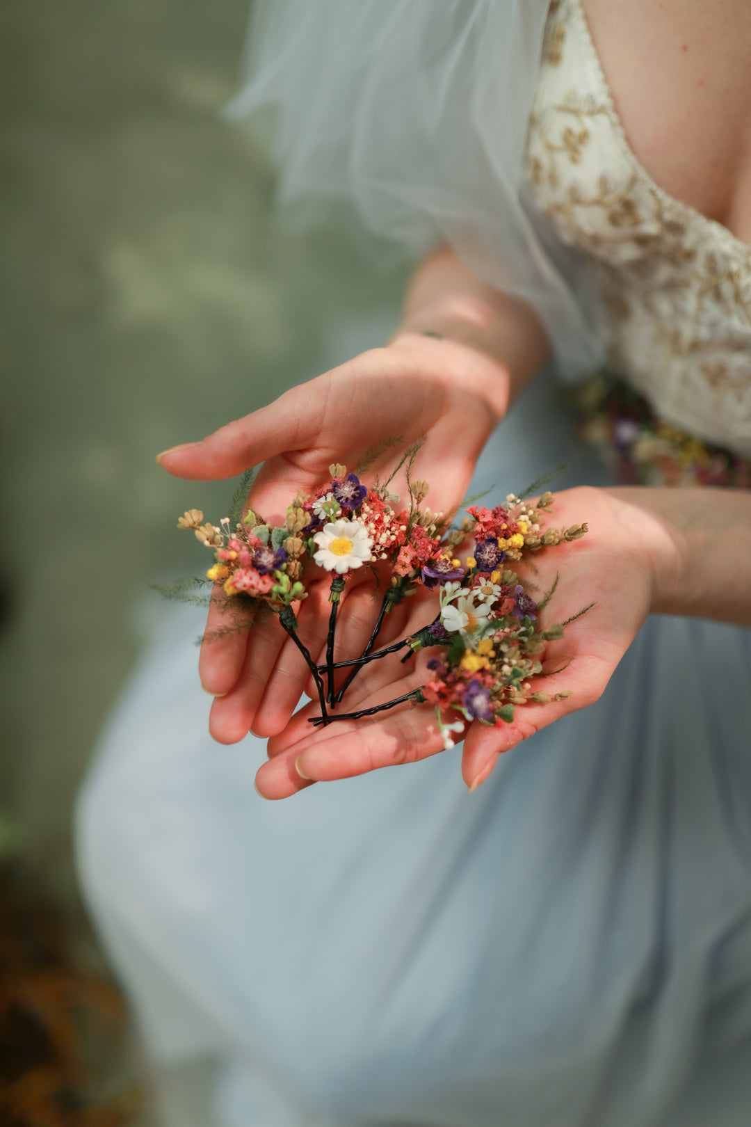 Wildflower Wedding Set – Flower Crown, Hair Comb, Hairpins, Bracelet, Belt, Earrings and Boutonnieres – handmade floral hair accessory by magaela