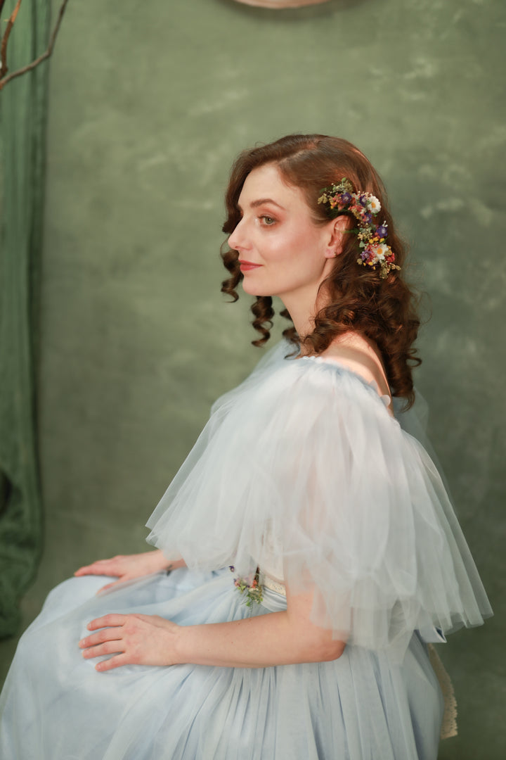 Wildflower Wedding Set – Flower Crown, Hair Comb, Hairpins, Bracelet, Belt, Earrings and Boutonnieres – handmade floral hair accessory by magaela