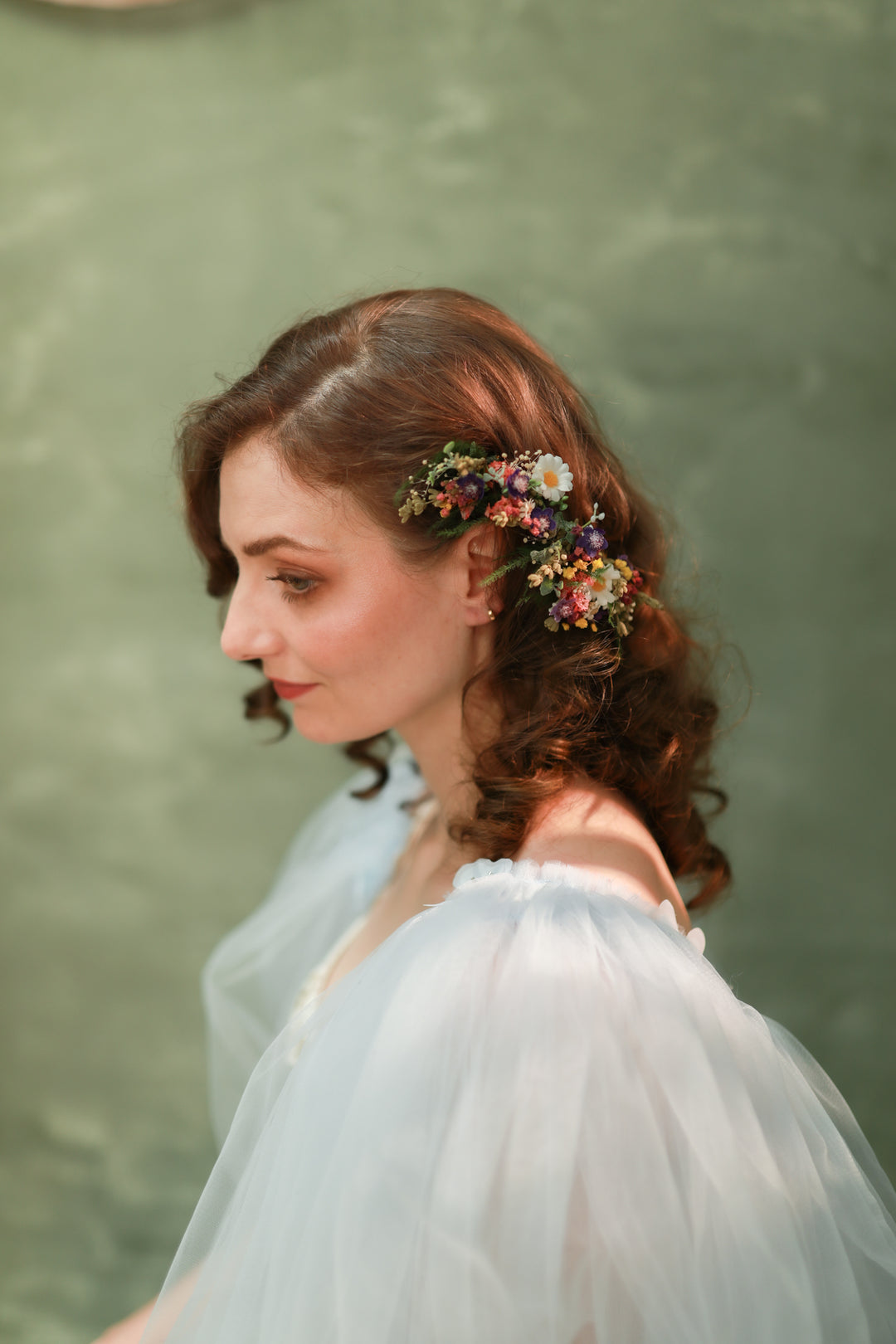 Wildflower Wedding Set – Flower Crown, Hair Comb, Hairpins, Bracelet, Belt, Earrings and Boutonnieres – handmade floral hair accessory by magaela