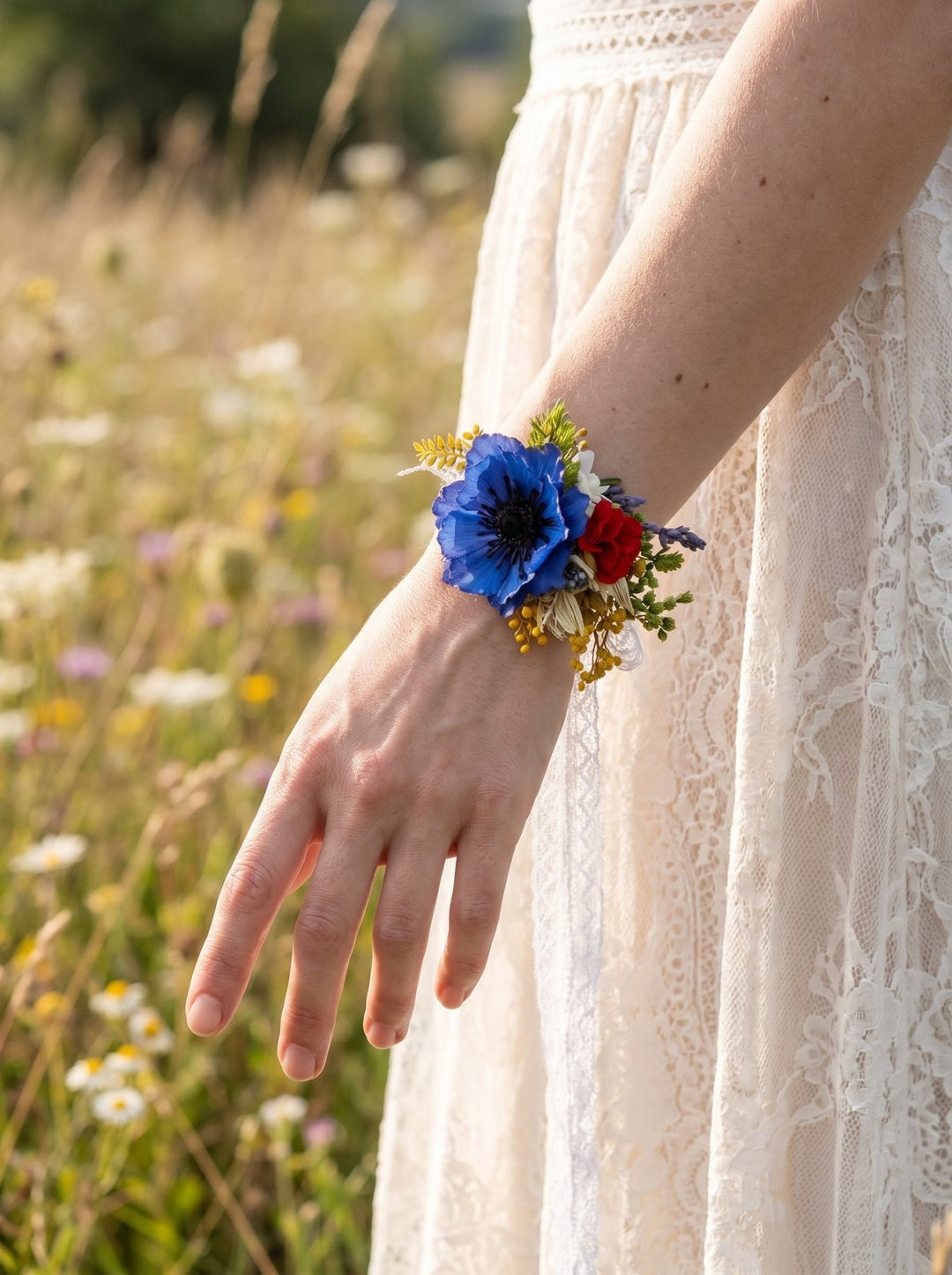 Meadow Flower Wedding Wrist Corsage: Cornflowe, Daisy & Poppy – handmade floral hair accessory by magaela
