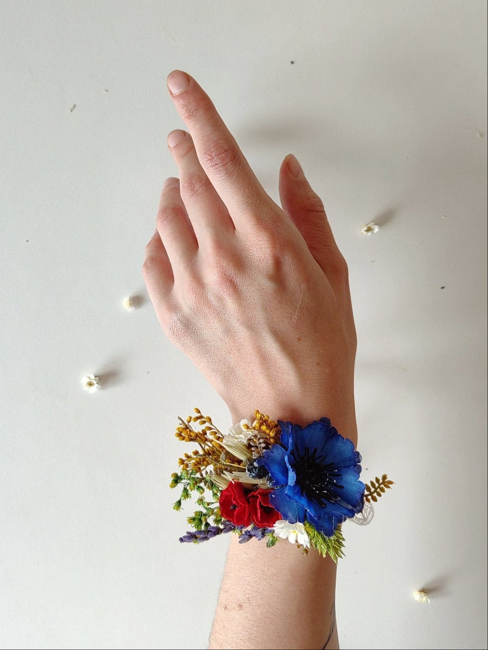 Meadow Flower Wedding Wrist Corsage: Forget - Me - Nots & Poppy – handmade floral hair accessory by magaela