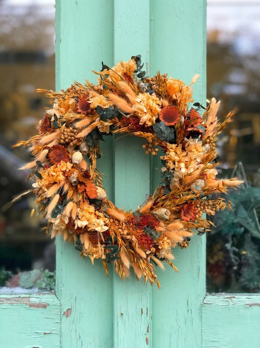 Natural Autumn Door Wreath with Hydrangea and Eucalyptus, 45 cm – handmade floral hair accessory by magaela