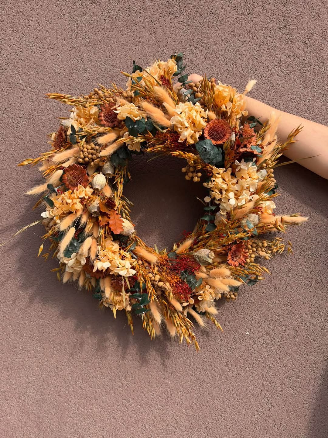 Natural Autumn Door Wreath with Hydrangea and Eucalyptus, 45 cm – handmade floral hair accessory by magaela