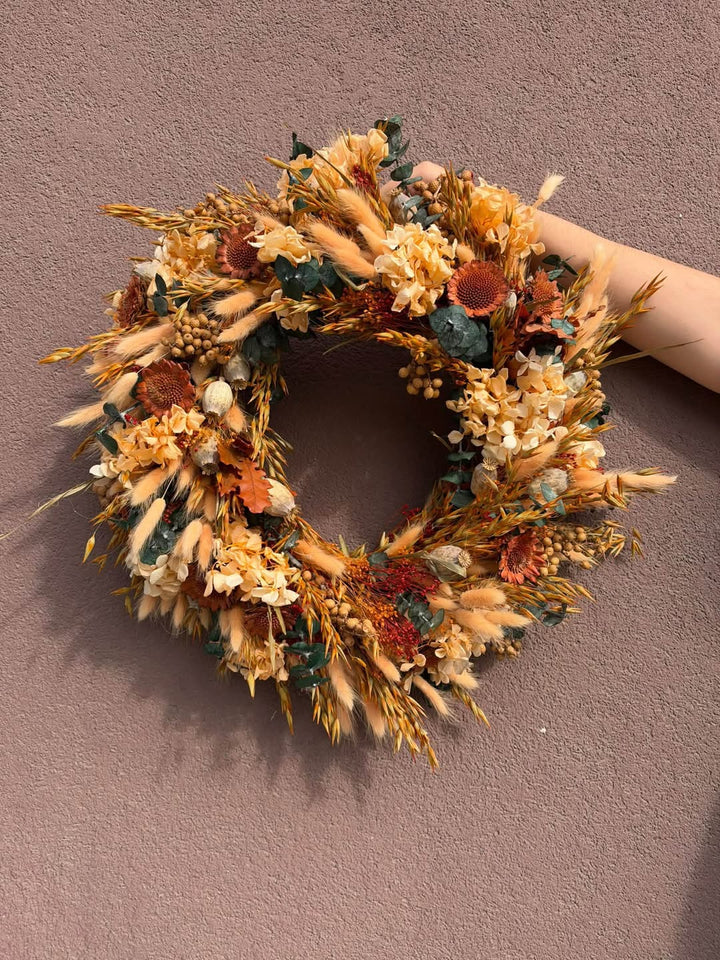 Natural Autumn Door Wreath with Hydrangea and Eucalyptus, 45 cm – handmade floral hair accessory by magaela