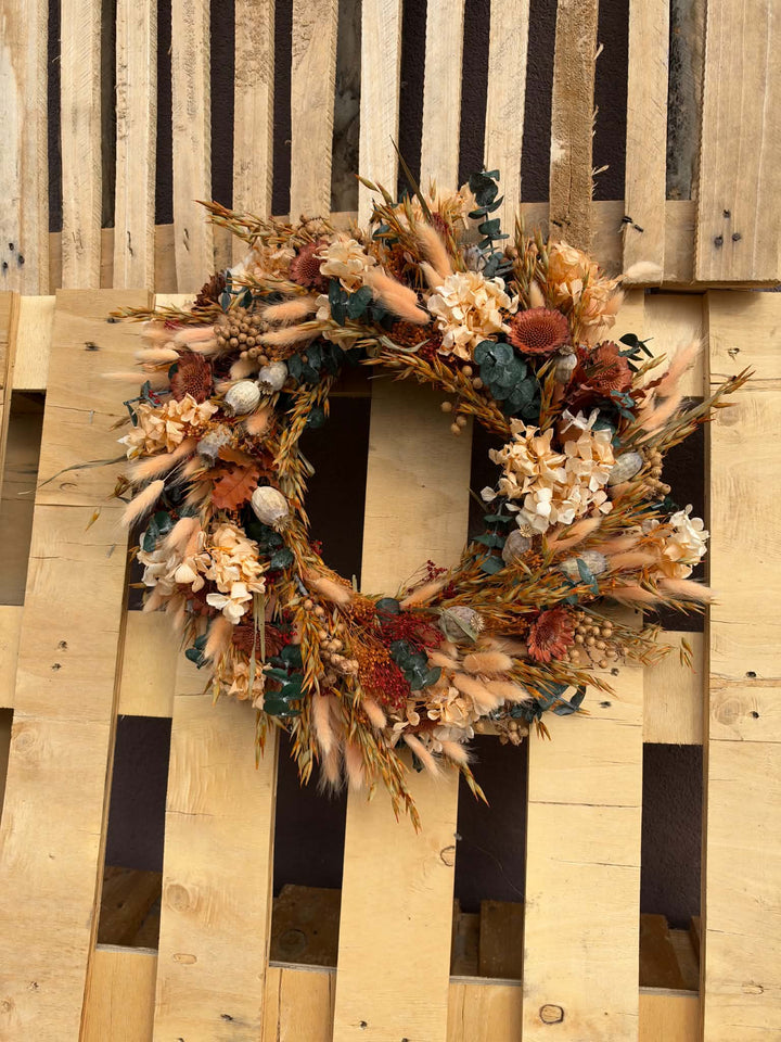 Natural Autumn Door Wreath with Hydrangea and Eucalyptus, 45 cm – handmade floral hair accessory by magaela