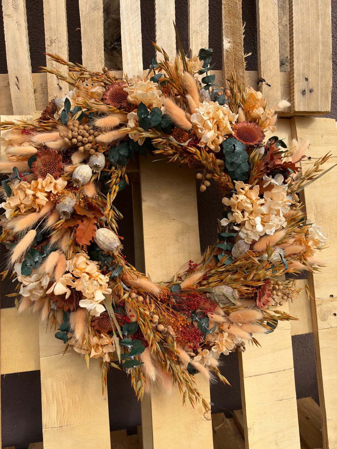 Natural Autumn Door Wreath with Hydrangea and Eucalyptus, 45 cm – handmade floral hair accessory by magaela
