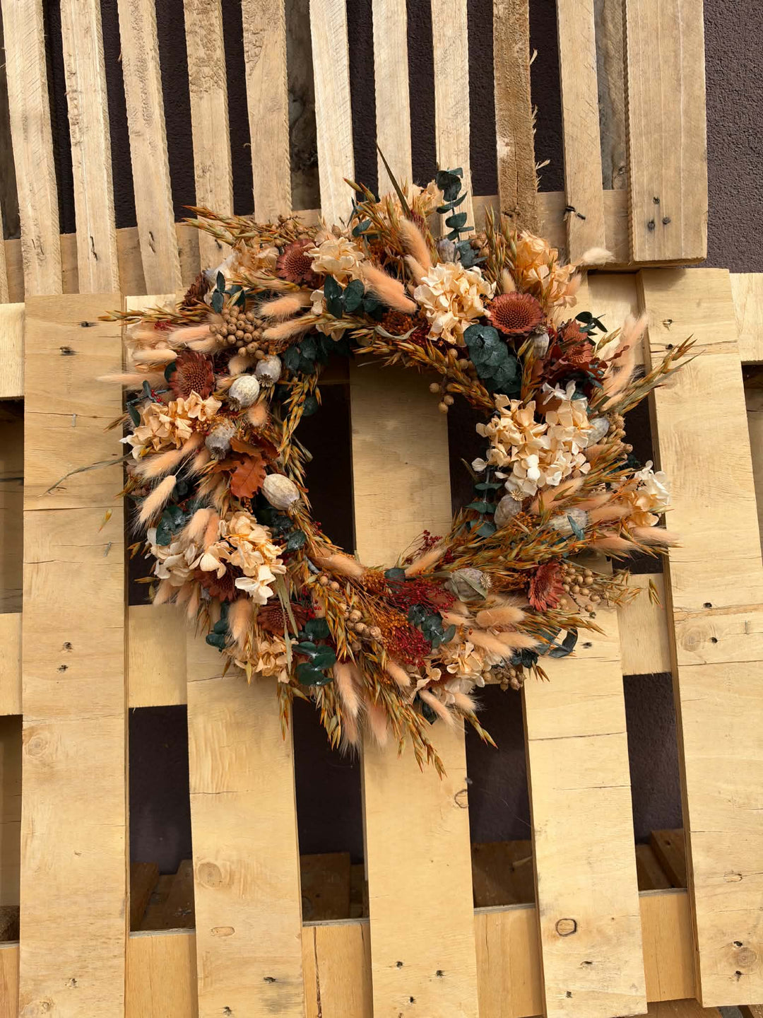 Natural Autumn Door Wreath with Hydrangea and Eucalyptus, 45 cm – handmade floral hair accessory by magaela