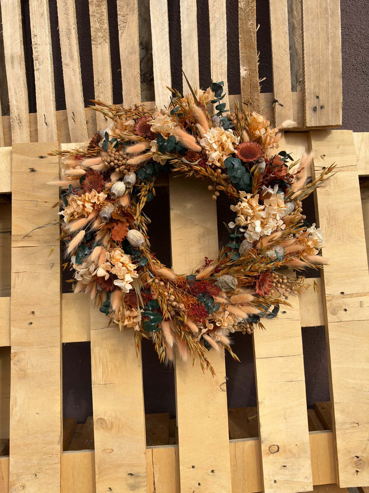 Natural Autumn Door Wreath with Hydrangea and Eucalyptus, 45 cm – handmade floral hair accessory by magaela