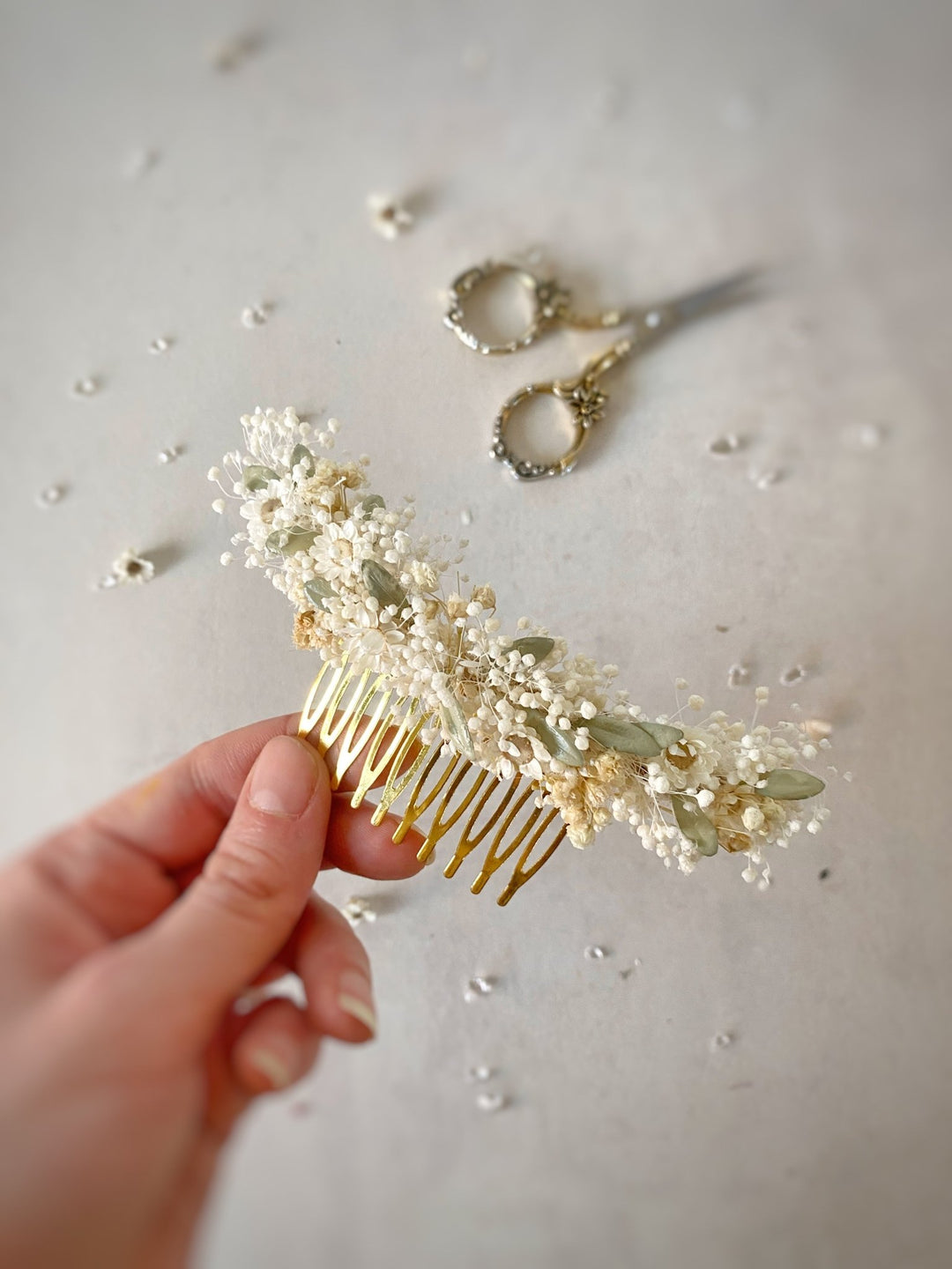 Floral Bridal Hair Comb – Ivory Gypsophila and Ixodia Wedding Hair Comb – handmade floral hair accessory by magaela