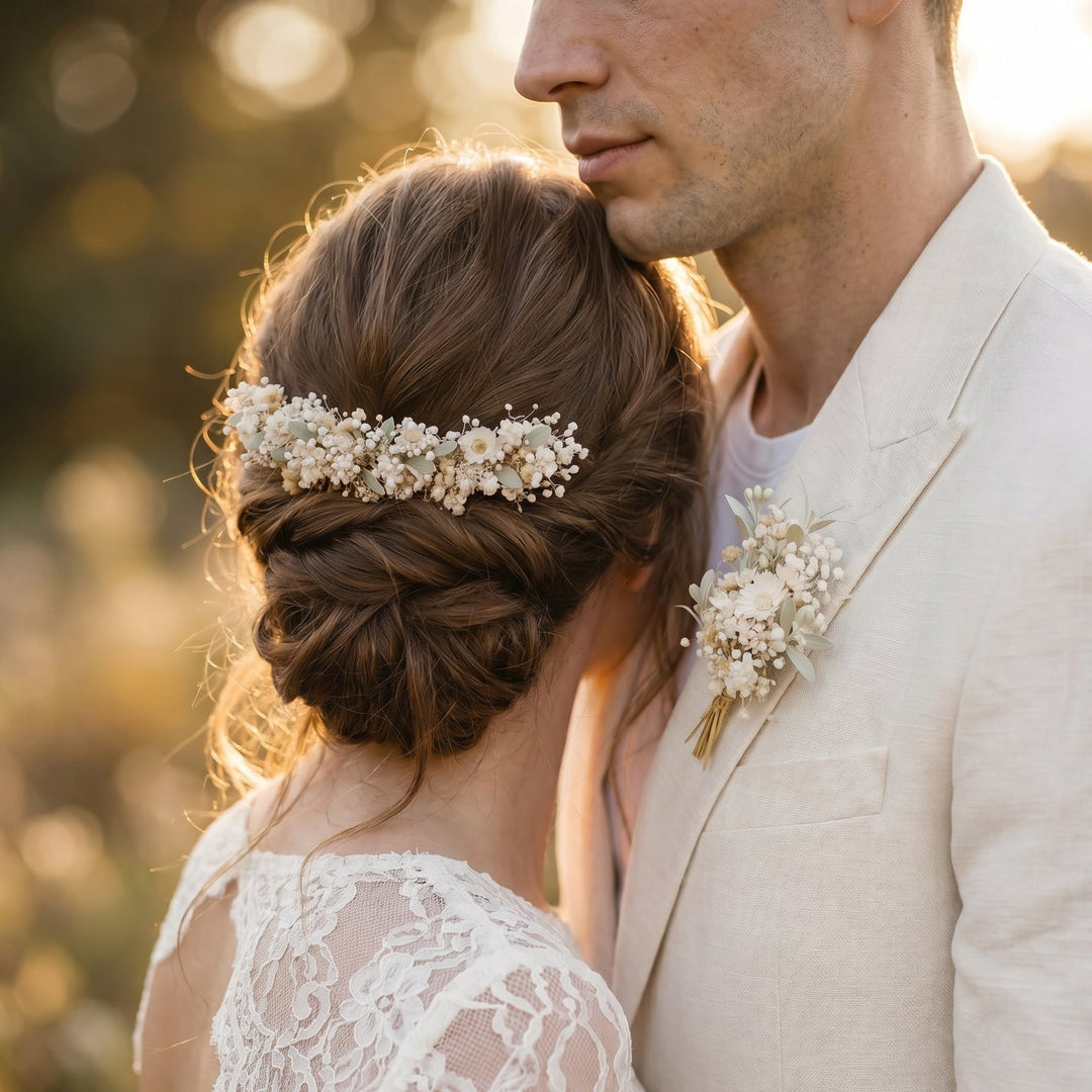 Couple in wedding attire with floral details, standing close together outdoors. Bride with elegant hair comb, groom with matching boutonniere
