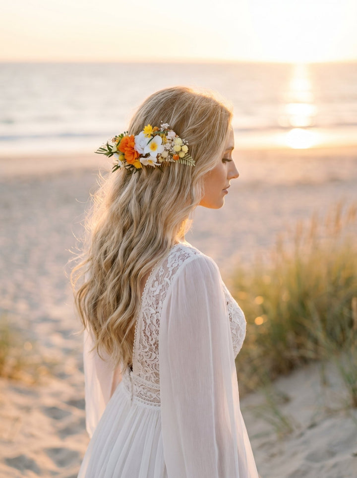 Plumeria Hair Comb & Boutonniere Set: Tropical Beach Wedding – handmade floral hair accessory by magaela