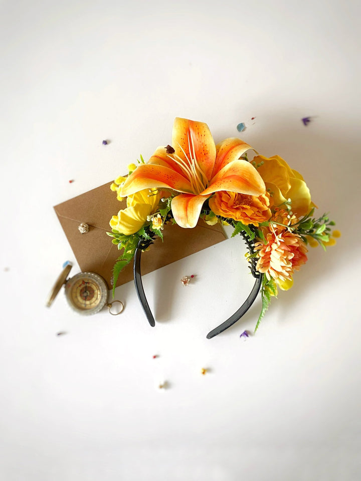 Orange and yellow flower crown: Frida headband with lily flower – handmade floral hair accessory by magaela
