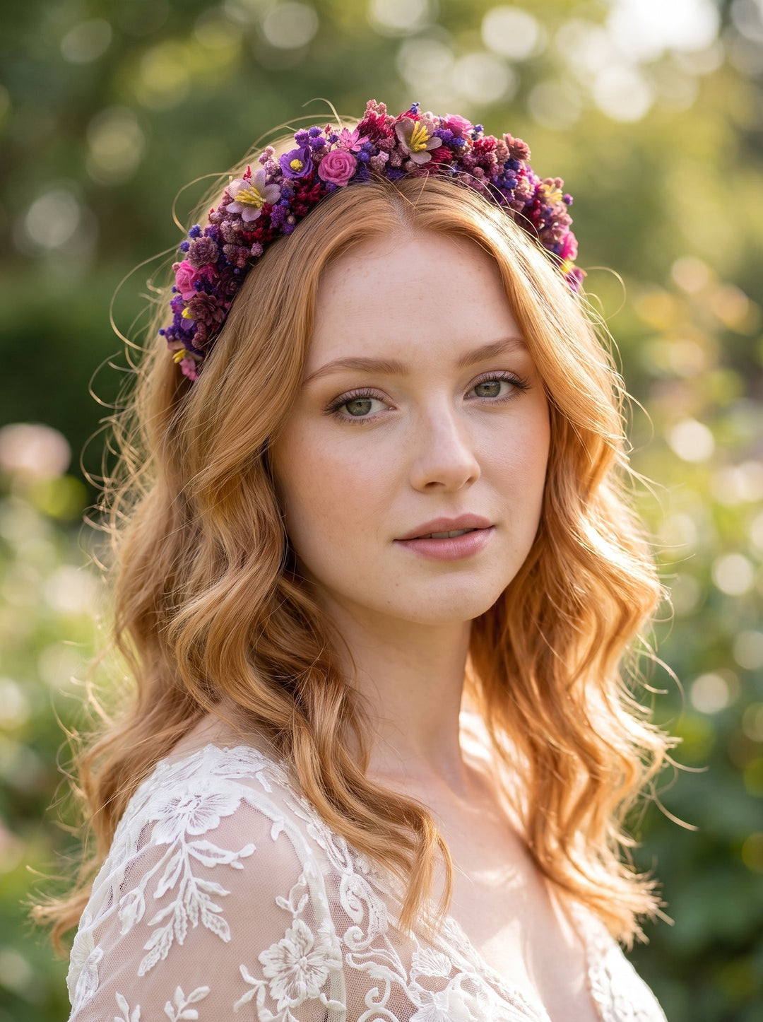 A woman with wavy red hair wearing a colorful floral crown of purple, pink, and yellow flowers, paired with a white lace top, set against a soft green bokeh background.