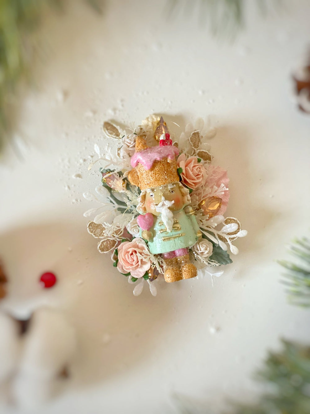 Pastel Nutcracker Christmas Brooch | Pink Roses and Lace – handmade floral hair accessory by magaela