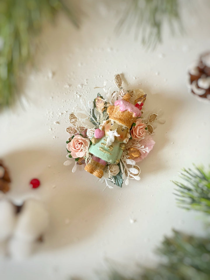 Pastel Nutcracker Christmas Brooch | Pink Roses and Lace – handmade floral hair accessory by magaela