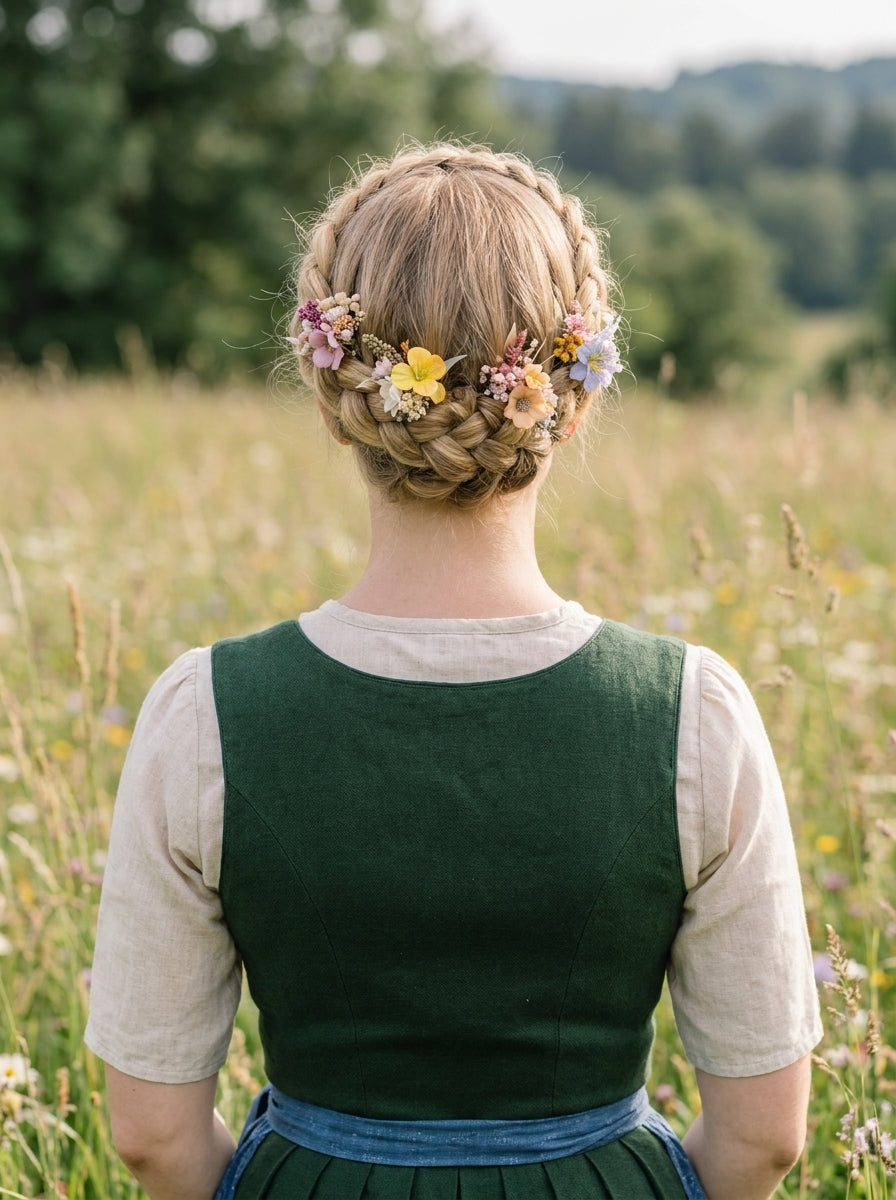 Woman in traditional dirndl dress with beautiful hairstyle decorated with colorful hairpins 