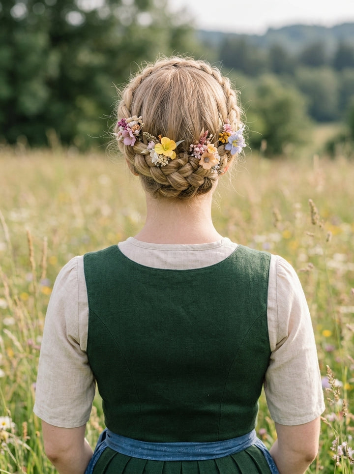 Woman in traditional dirndl dress with beautiful hairstyle decorated with colorful hairpins 