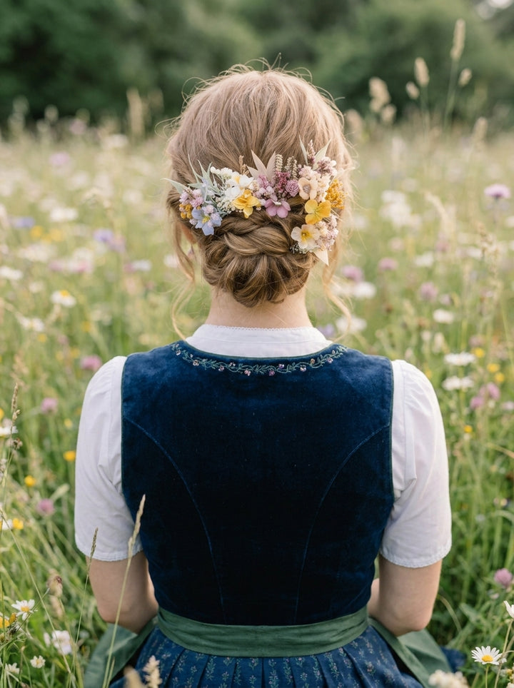 Woman in dirndl dress and beautful bun hairstyle with colorful meadow pastel hairpins 