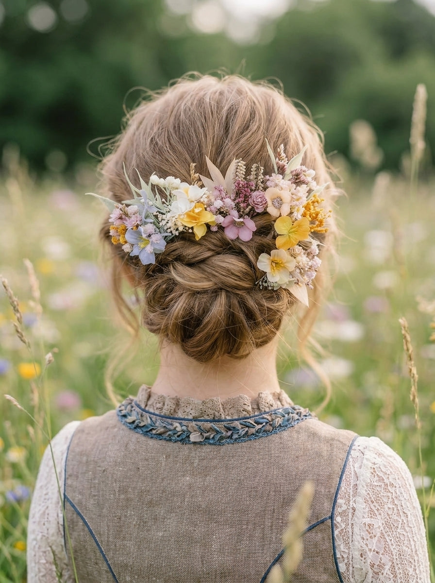 A woman seen from behind in a sunlit field, wearing a floral hair accessory crown with small yellow, lavender, white, and peach flowers styled in an updo.