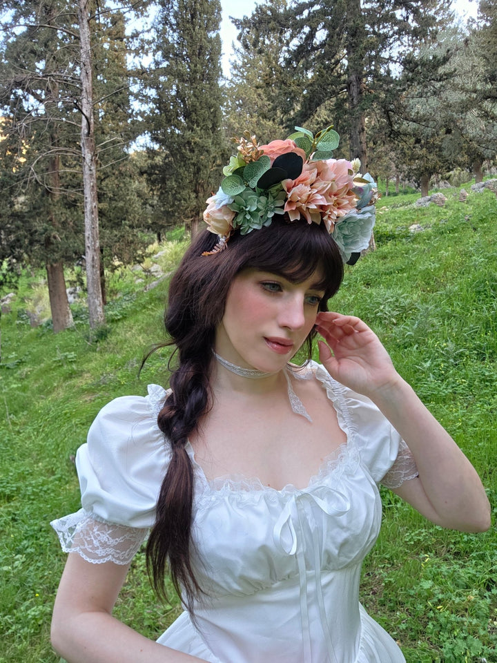 Pastel Flower Headband with Peonies and Roses – Romantic Dirndl Accessory for Oktoberfest – handmade floral hair accessory by magaela