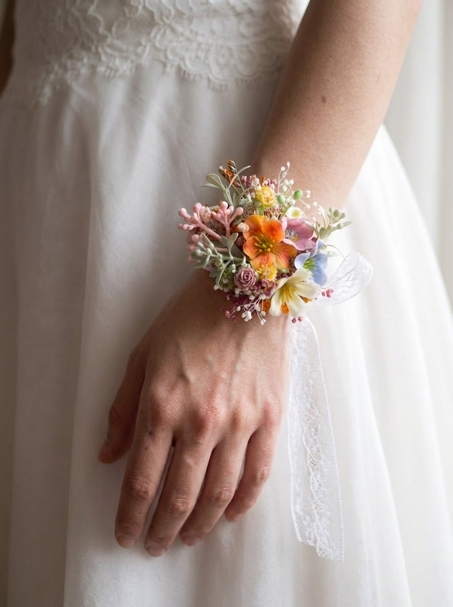 A close-up of a person wearing a white wedding dress, with a small wrist corsage featuring orange, pink, yellow, and blue flowers attached to the wrist.