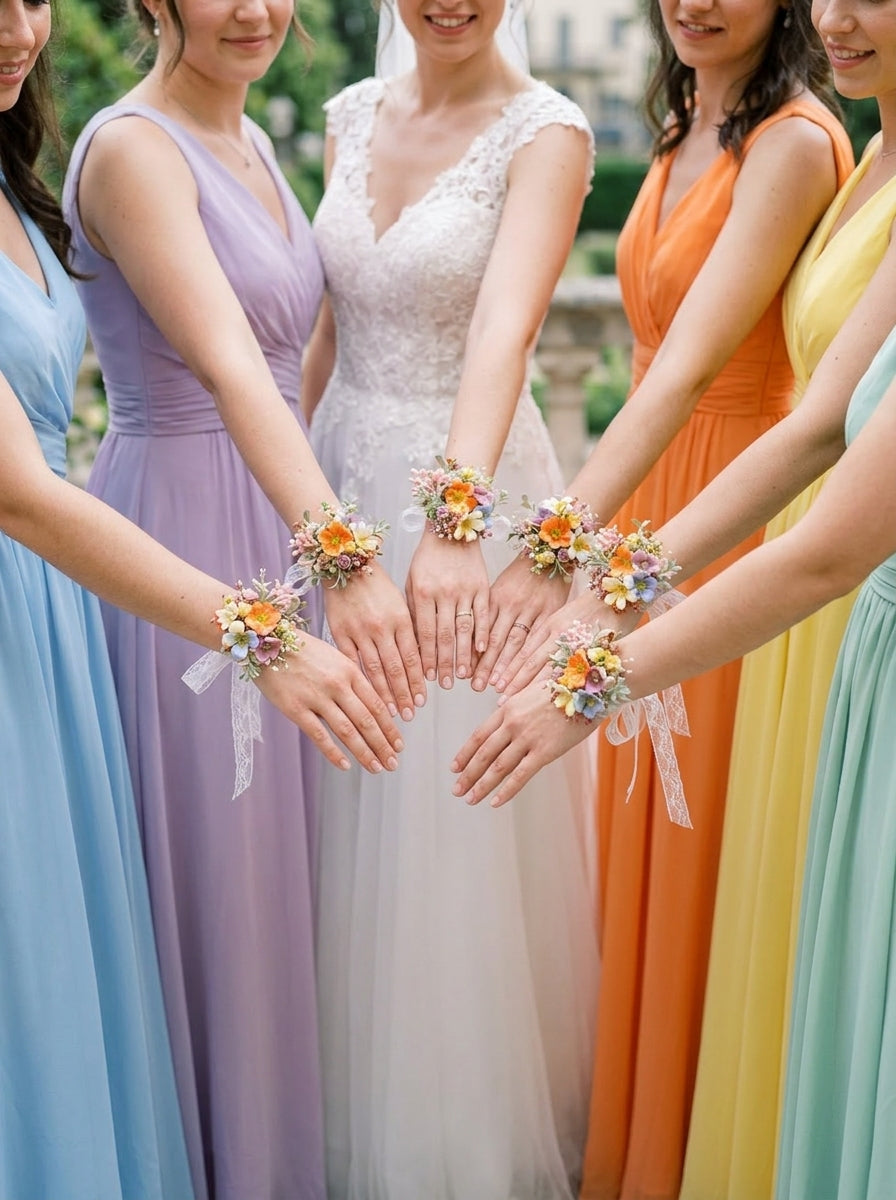 A group of bridesmaids in colorful wedding dresses stand in a circle with their hands together, each wearing a small floral wrist corsage. The bride in the center wears a white lace wedding gown.