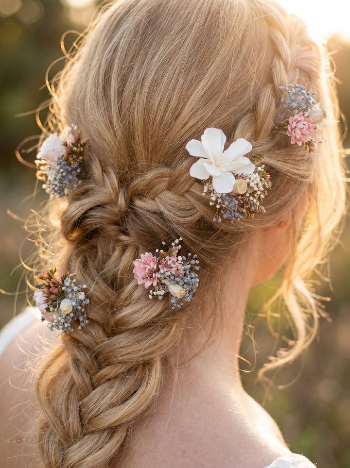 Braided hairstyle with floral hair accessories against a blurred natural background