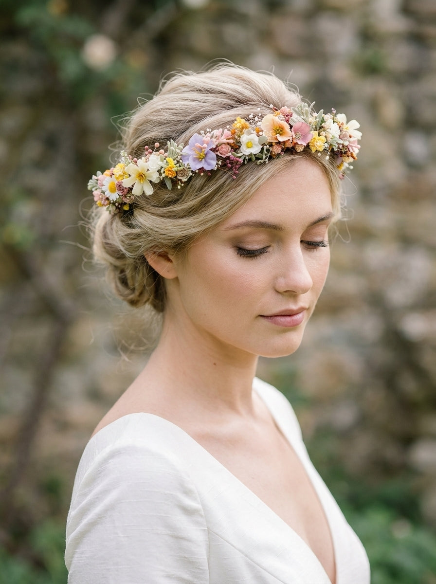 A woman in a white wedding dress wearing a delicate floral crown with small white, yellow, pink, and purple flowers, photographed outdoors against a blurred stone wall background.