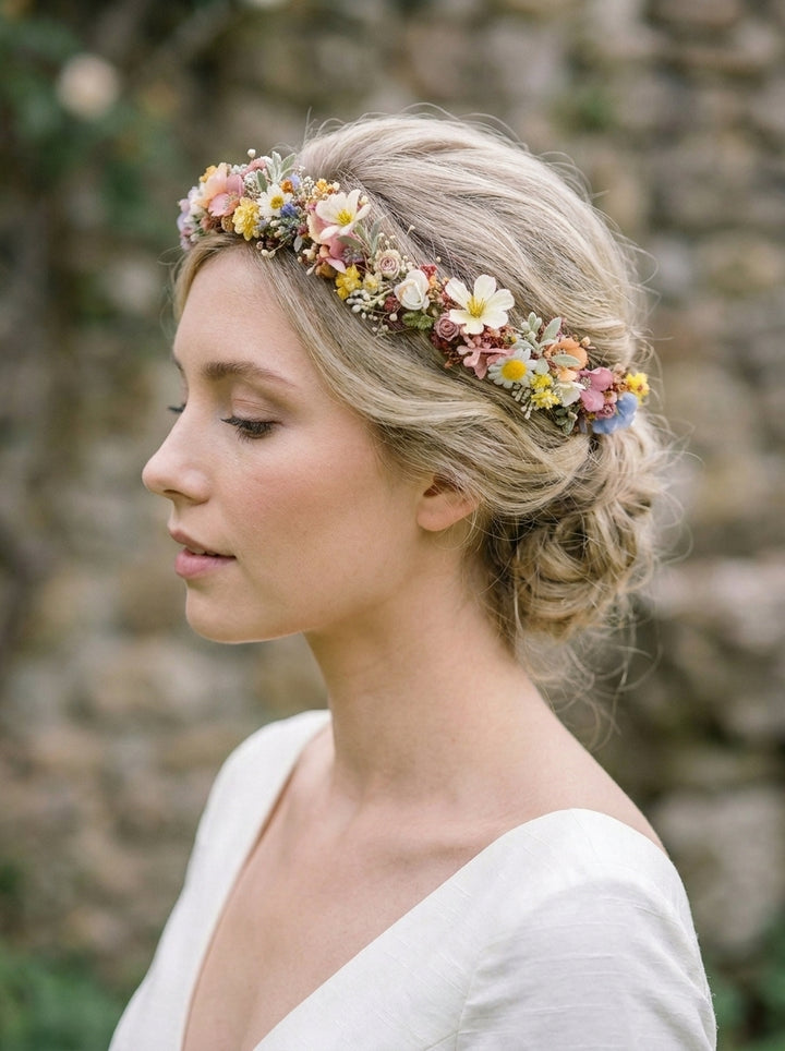 A woman in profile wearing a delicate floral crown with small white, pink, yellow, and peach flowers, styled in an updo. She is wearing a white V-neck dress against a softly blurred stone wall background.