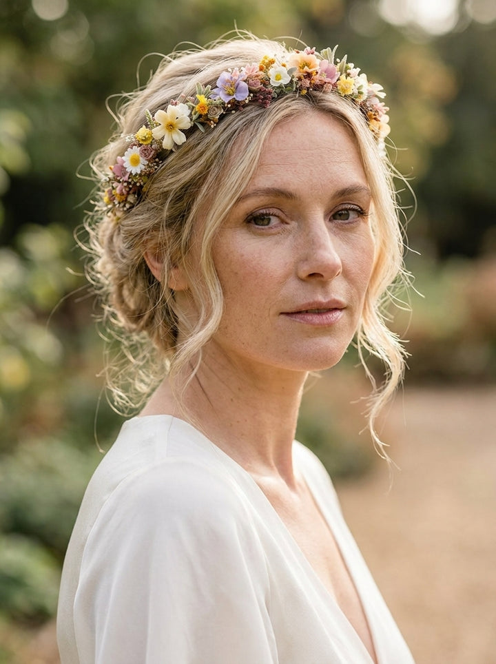 A woman outdoors wearing a delicate floral crown with small white, yellow, pink, and purple flowers, paired with a white V-neck top.