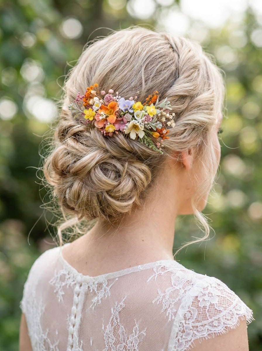 A blonde bride seen from the back wearing a delicate floral hair accessory with orange, yellow, and white flowers in her updo, set against a soft green outdoor bokeh background.
