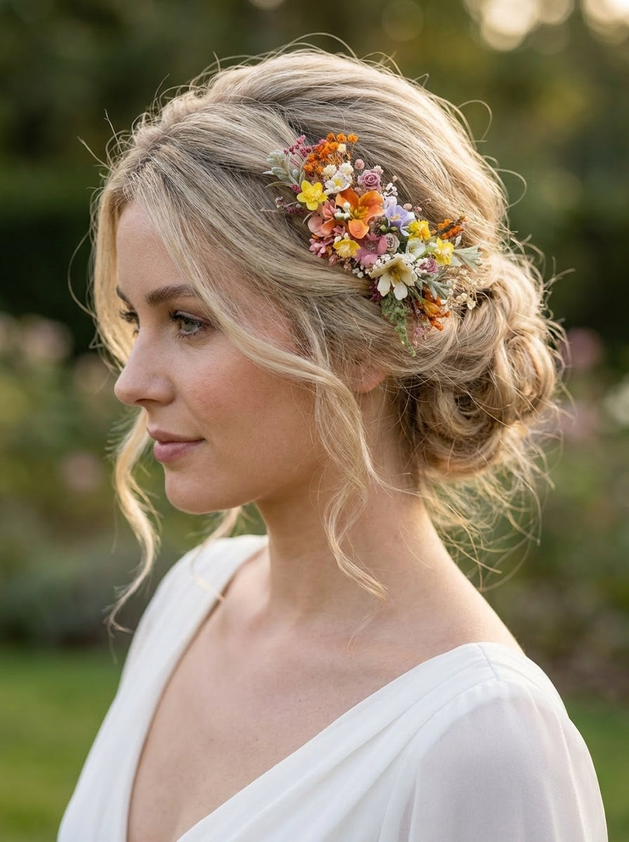 A blonde woman in a white dress shown in profile outdoors, wearing a floral hair accessory with small orange, yellow, pink, and white flowers.