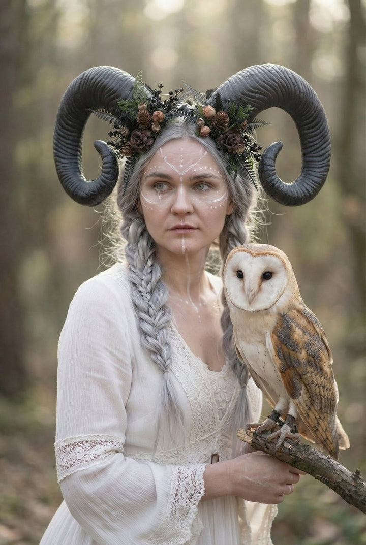 Woodland Horned Crown – Mutton Horn Headband | Fairycore & Pagan Headpiece – handmade floral hair accessory by magaela