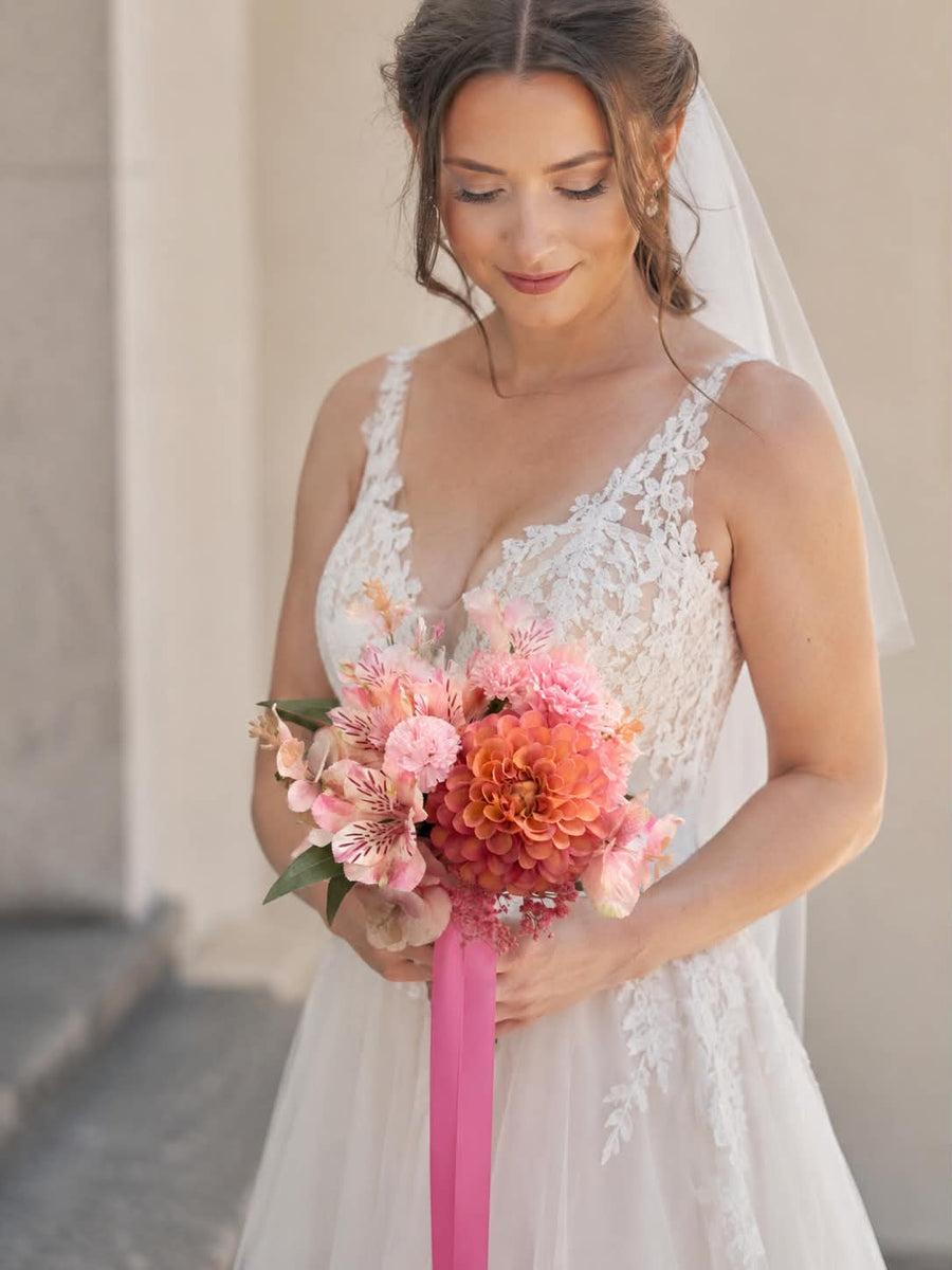 orange and pink dresses bridesmaid Pink Orange Bridesmaid Bouquet with Ranunculus, Dahlias and Orchids