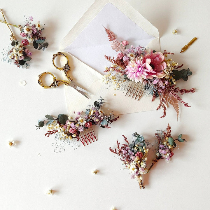Pink Purple Flower Bridal Set: Boho Wedding Hair Comb, Boutonniere – handmade floral hair accessory by magaela