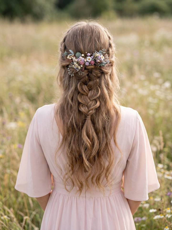 Pink Purple Flower Bridal Set: Boho Wedding Hair Comb, Boutonniere – handmade floral hair accessory by magaela