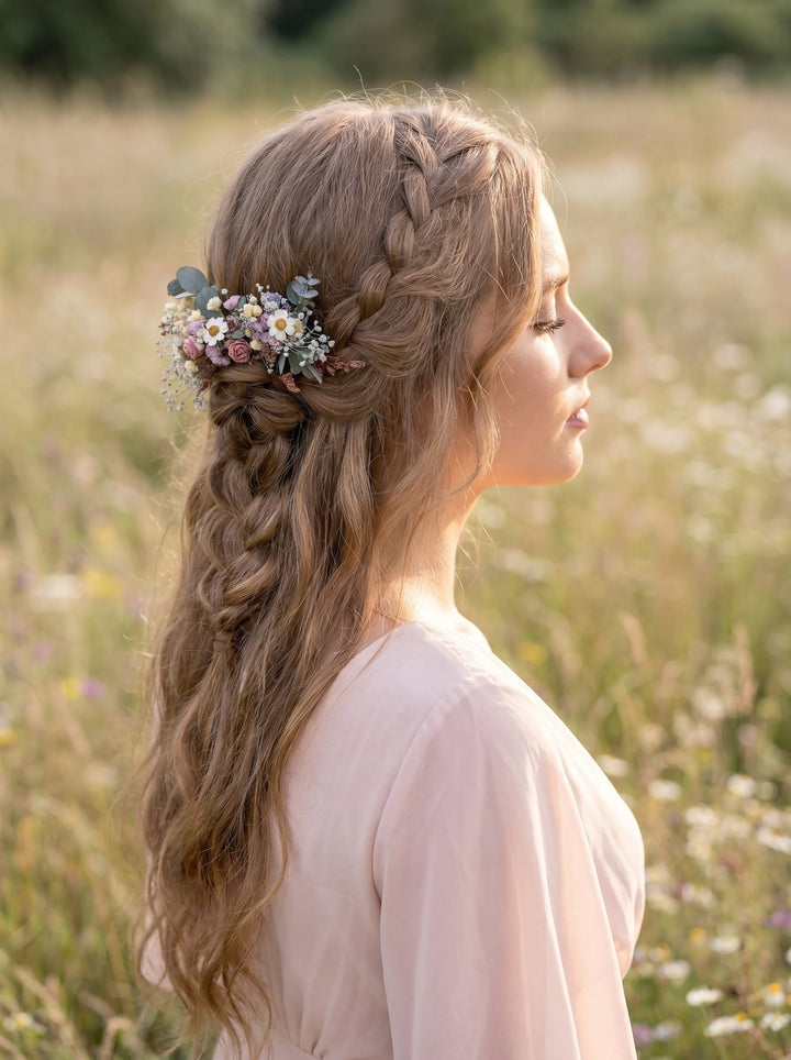 Pink Purple Flower Bridal Set: Boho Wedding Hair Comb, Boutonniere – handmade floral hair accessory by magaela