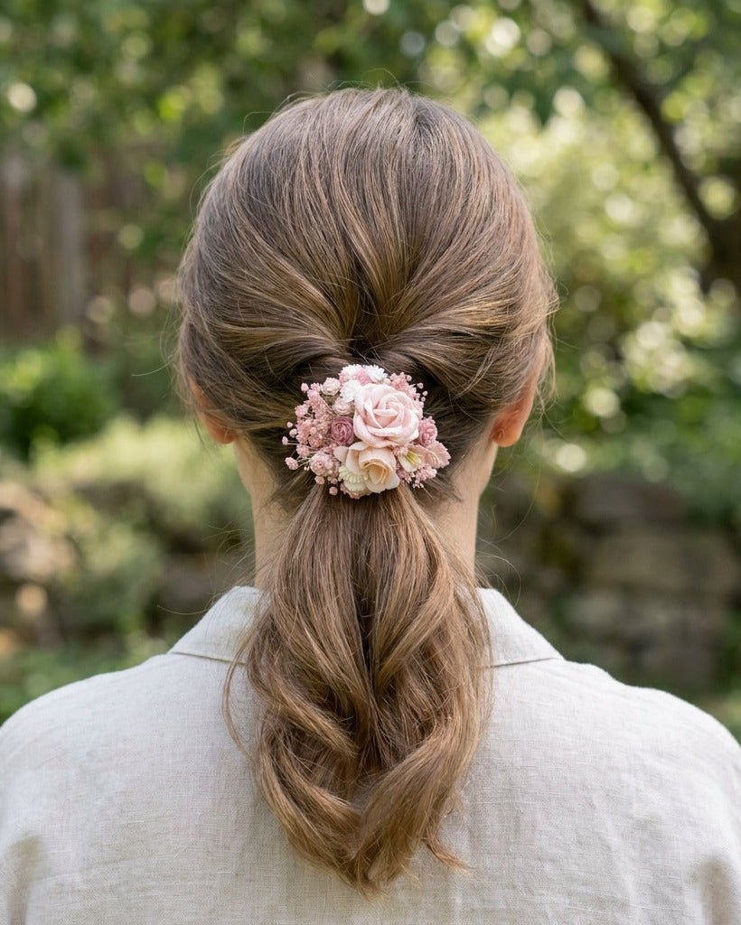 Pink Floral Hair Tie with Roses and Gypsophila – handmade floral hair accessory by magaela